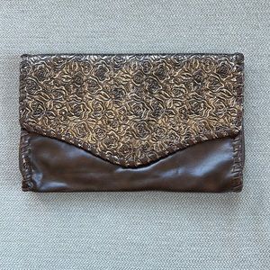 Brown Clutch Purse with Gold Rose Details